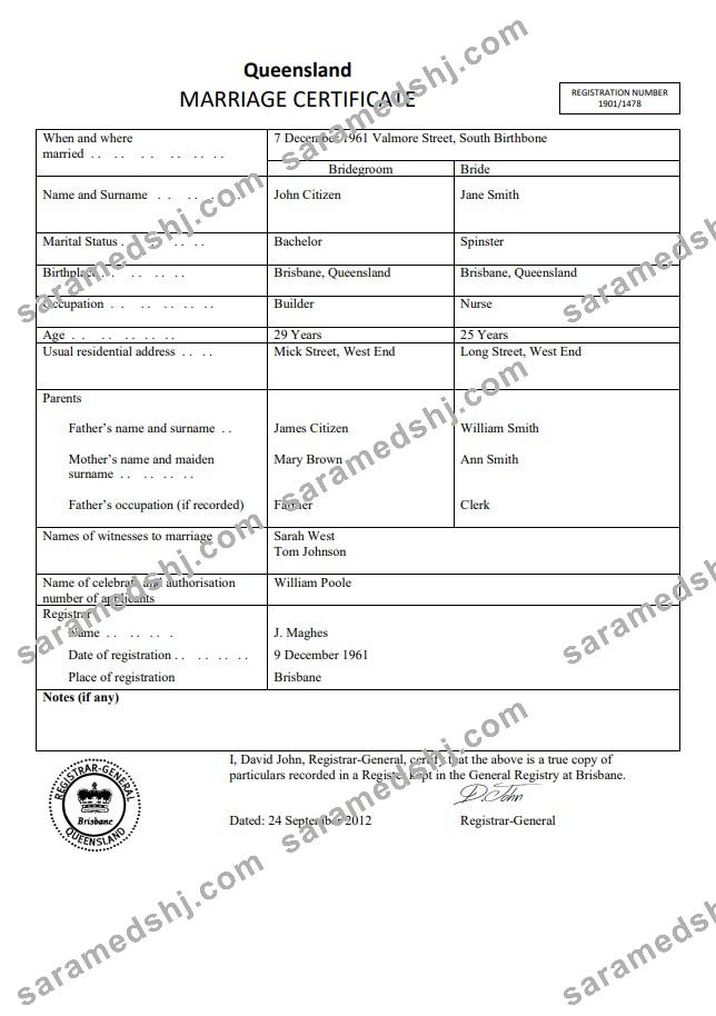 Australia Queensland marriage certificate template in Word
